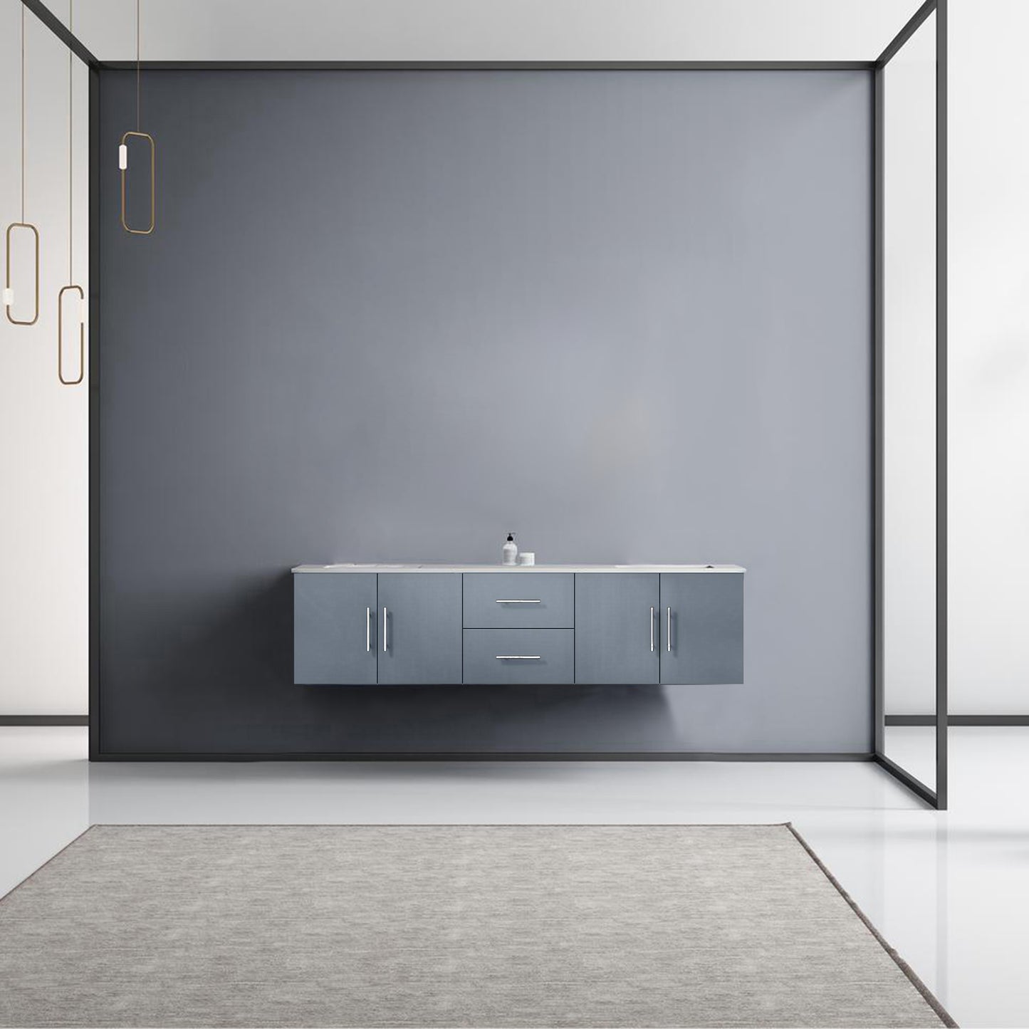 Geneva 72" Dark Grey Double Vanity, White Carrara Marble Top, White Square Sinks and no Mirror