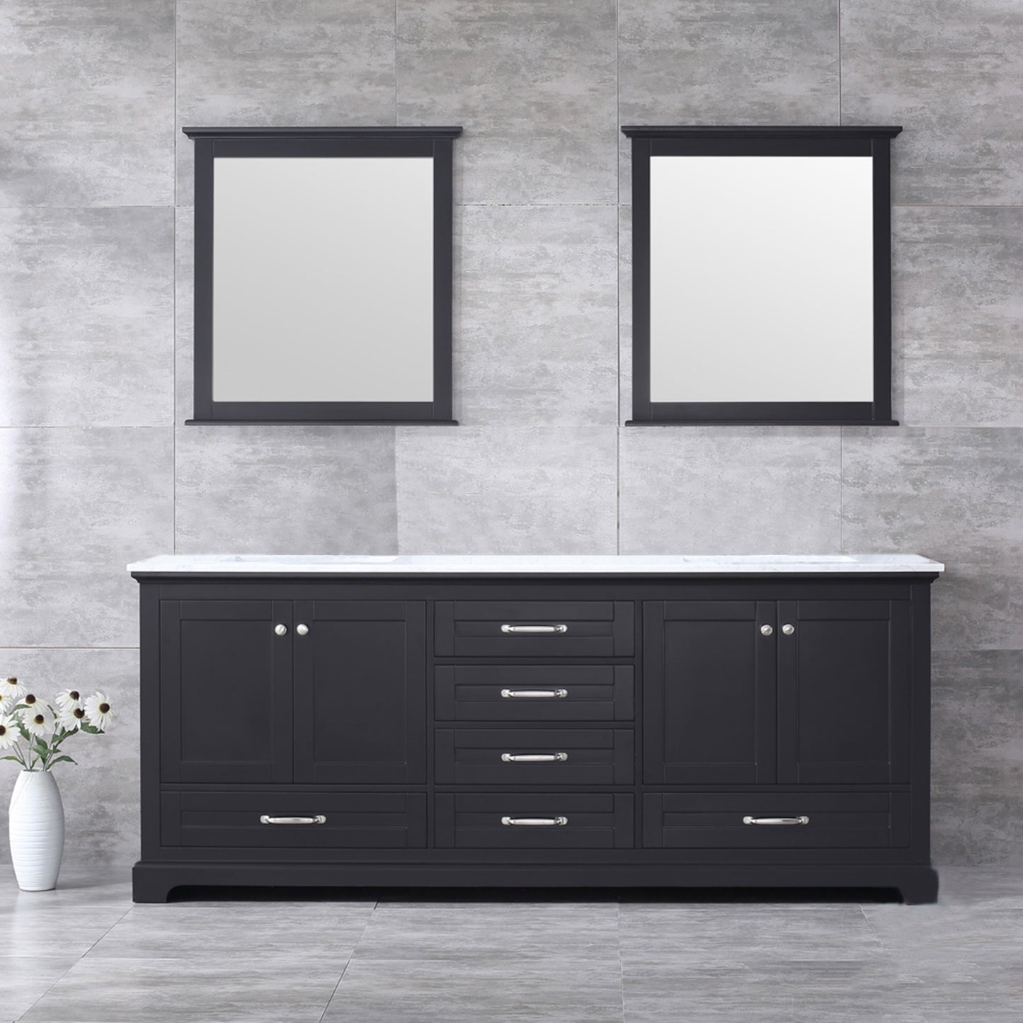 Dukes 80" Espresso Double Vanity, White Carrara Marble Top, White Square Sinks and 30" Mirrors