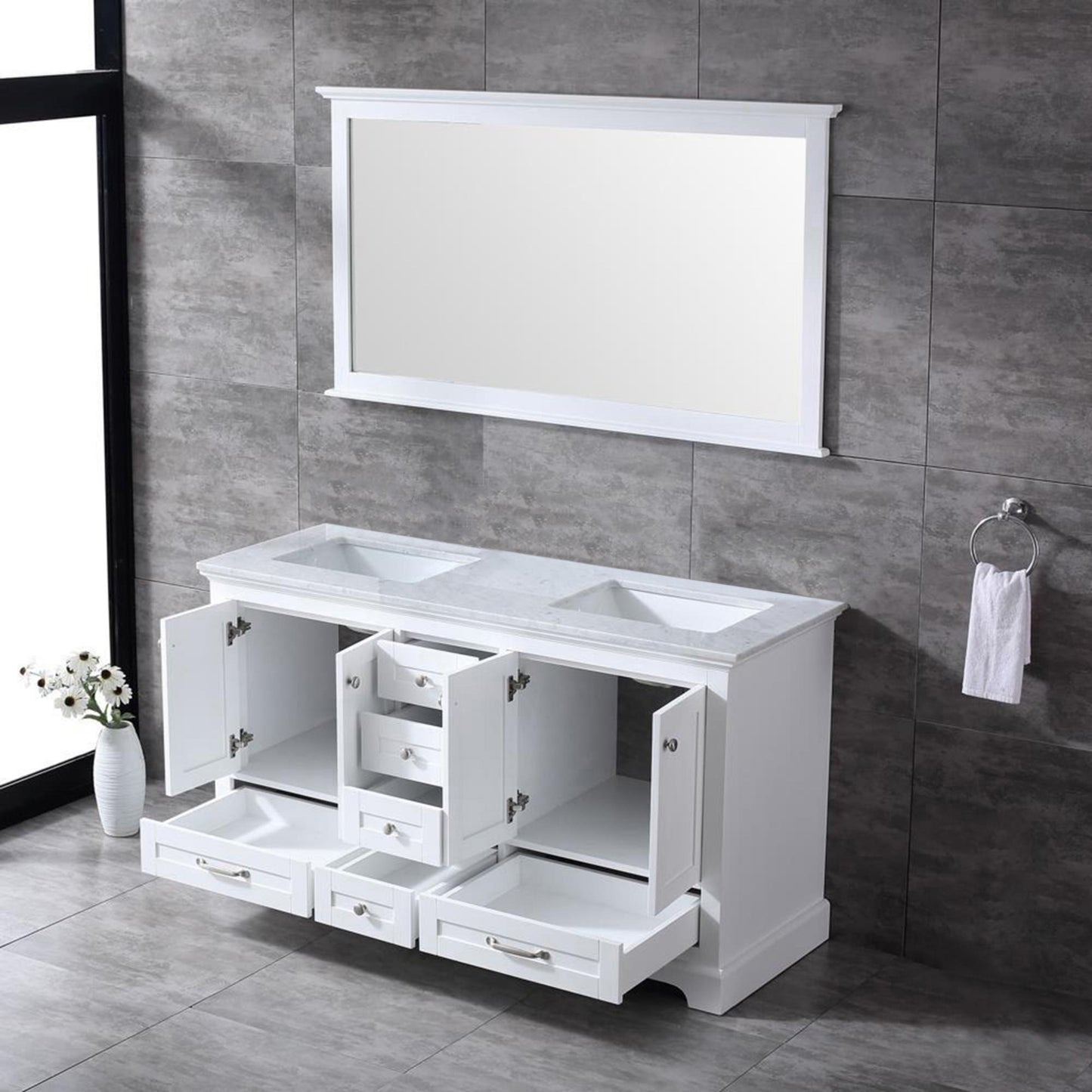 Dukes 60" White Double Vanity, White Carrara Marble Top, White Square Sinks and 58" Mirror