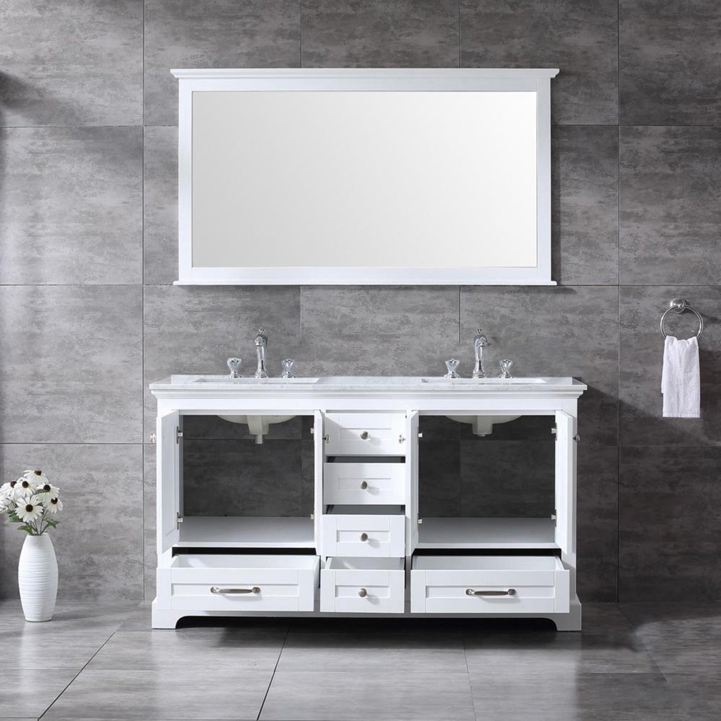 Dukes 60" White Double Vanity, White Carrara Marble Top, White Square Sinks and 58" Mirror w/ Faucets