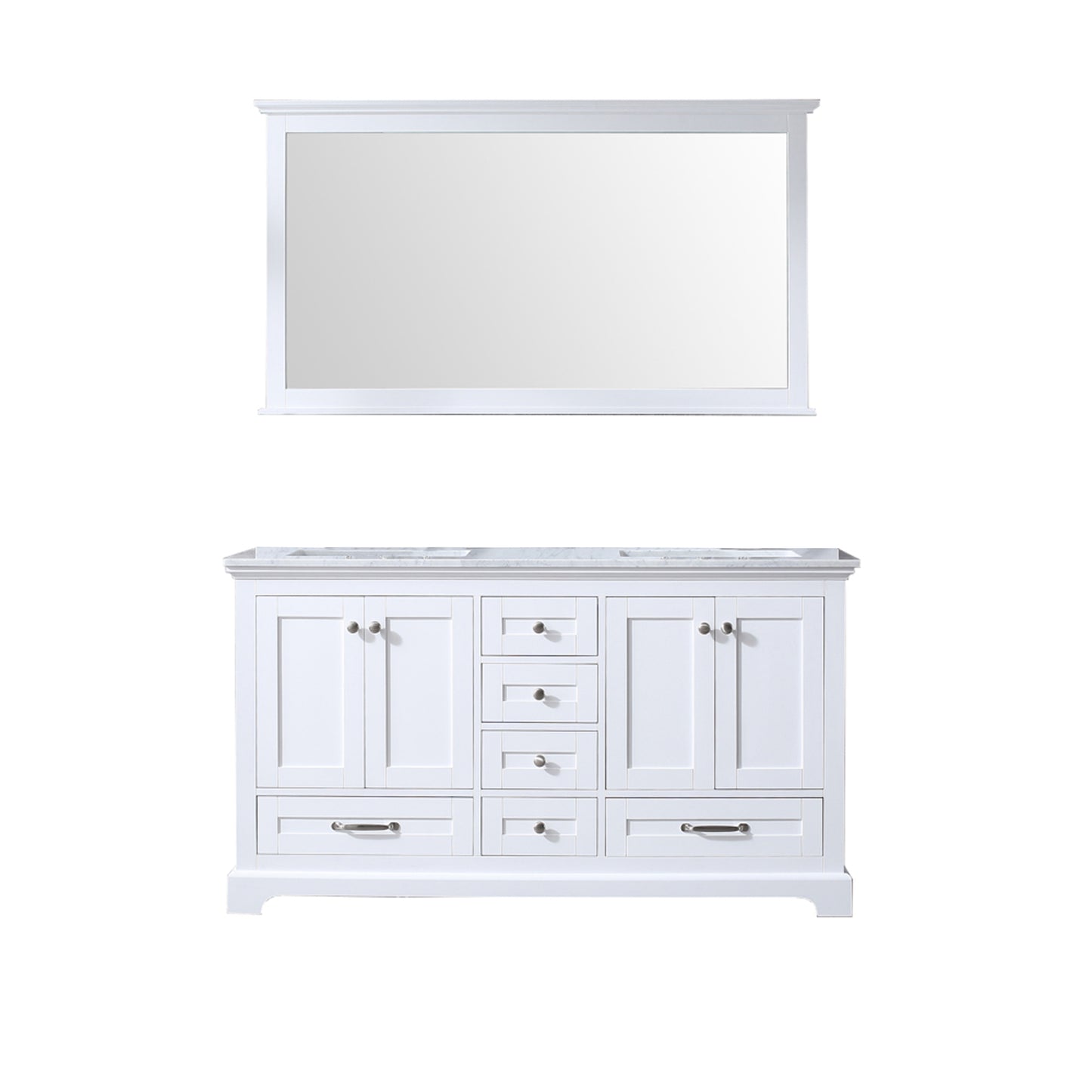 Dukes 60" White Double Vanity, White Carrara Marble Top, White Square Sinks and 58" Mirror