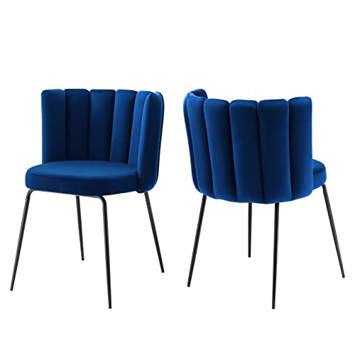 Modway Virtue Performance Velvet Dining Chairs in Black Navy-Set of 2