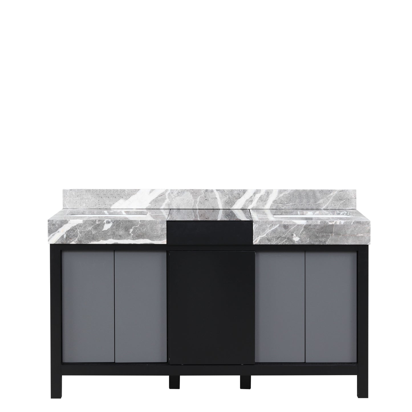 Zilara 60" Black and Grey Double Vanity, Castle Grey Marble Tops, and White Square Sinks