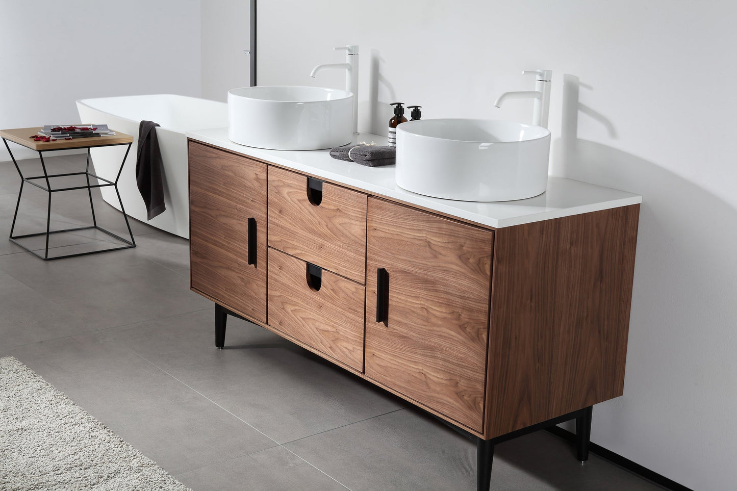 PORTREE 60” WALNUT MID-CENTURY FREESTANDING BATHROOM VANITY