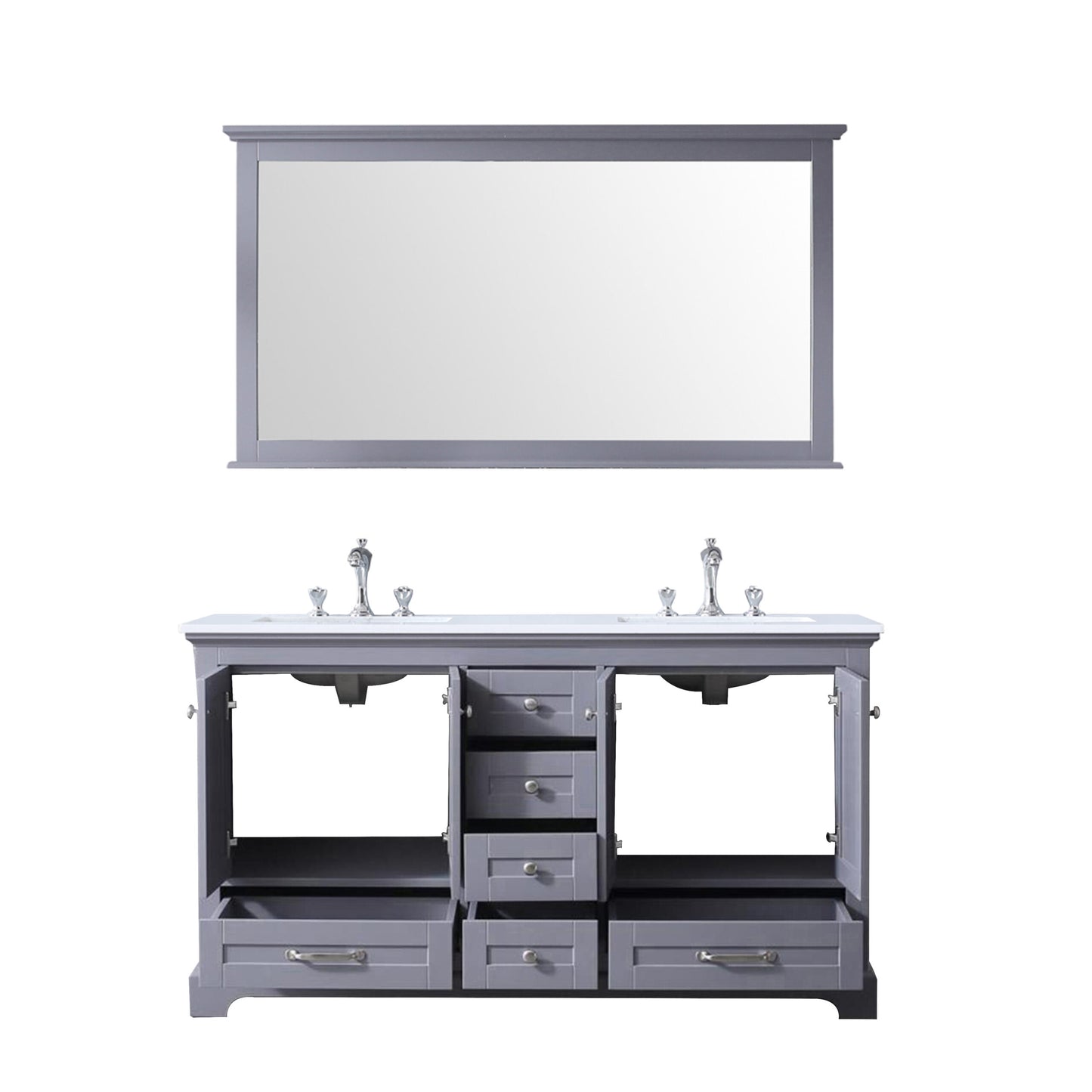 Dukes 60" Dark Grey Double Vanity, White Quartz Top, White Square Sinks and 58" Mirror