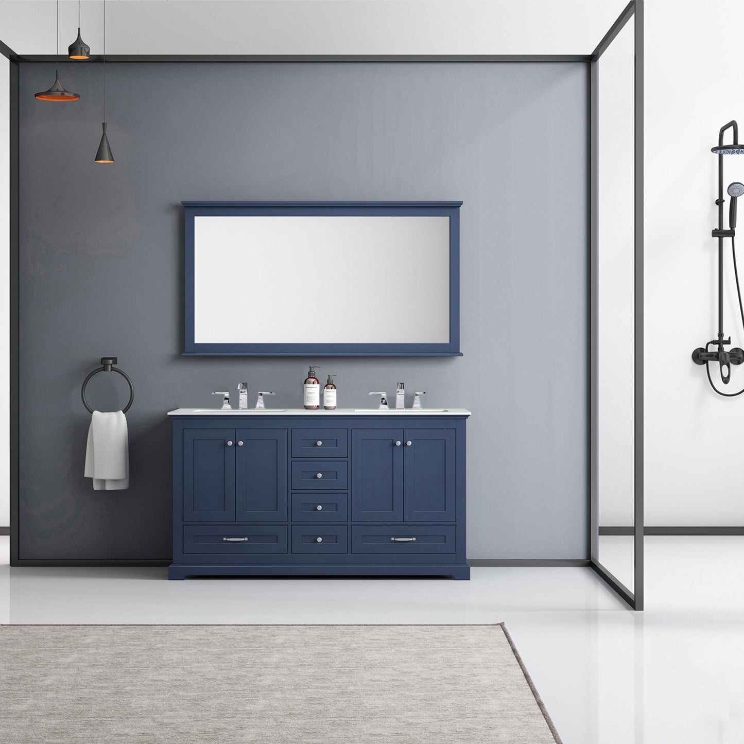 Dukes 60" Navy Blue Double Vanity, White Quartz Top, White Square Sinks and 58" Mirror