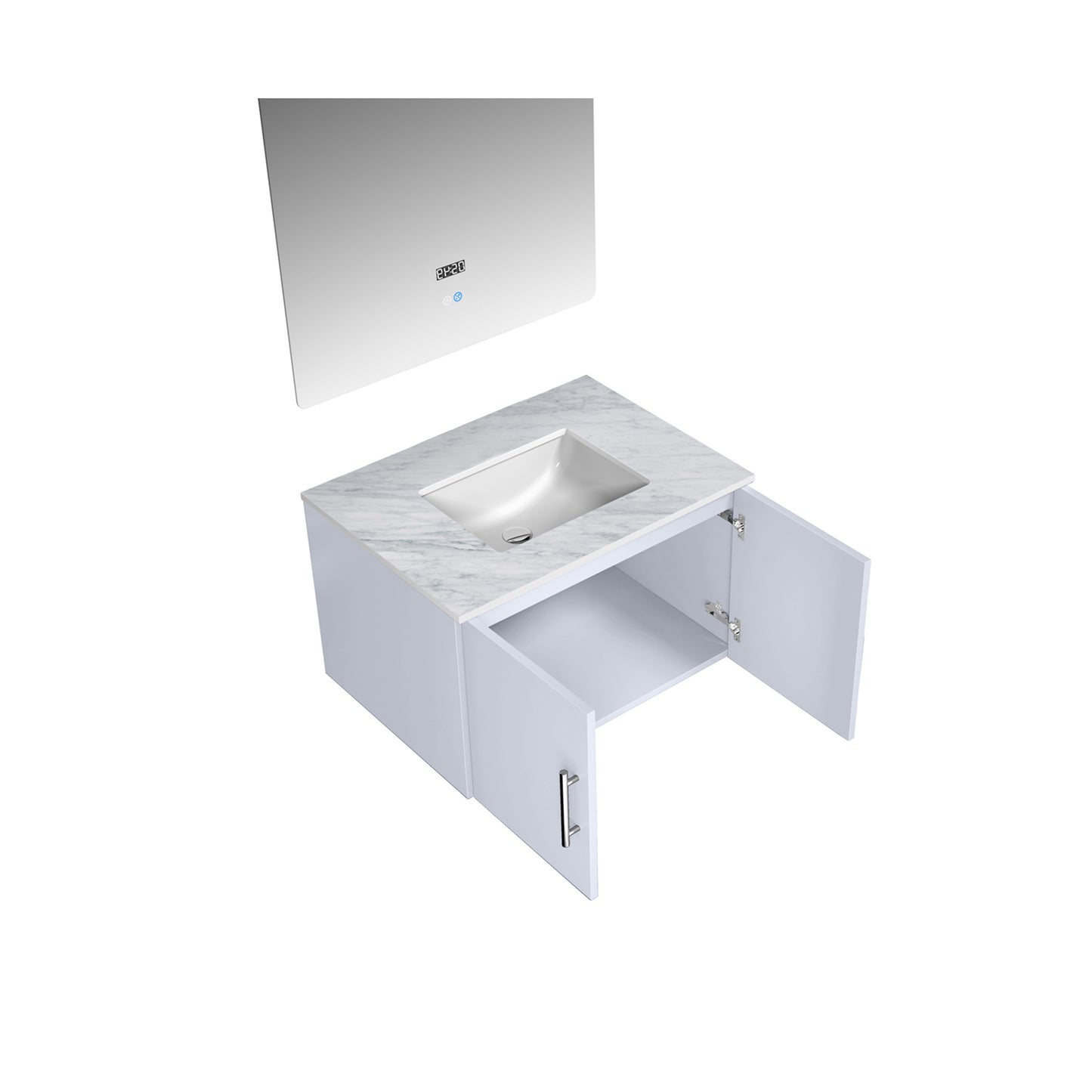 Geneva 30" Glossy White Single Vanity, White Carrara Marble Top, White Square Sink and 30" LED Mirror