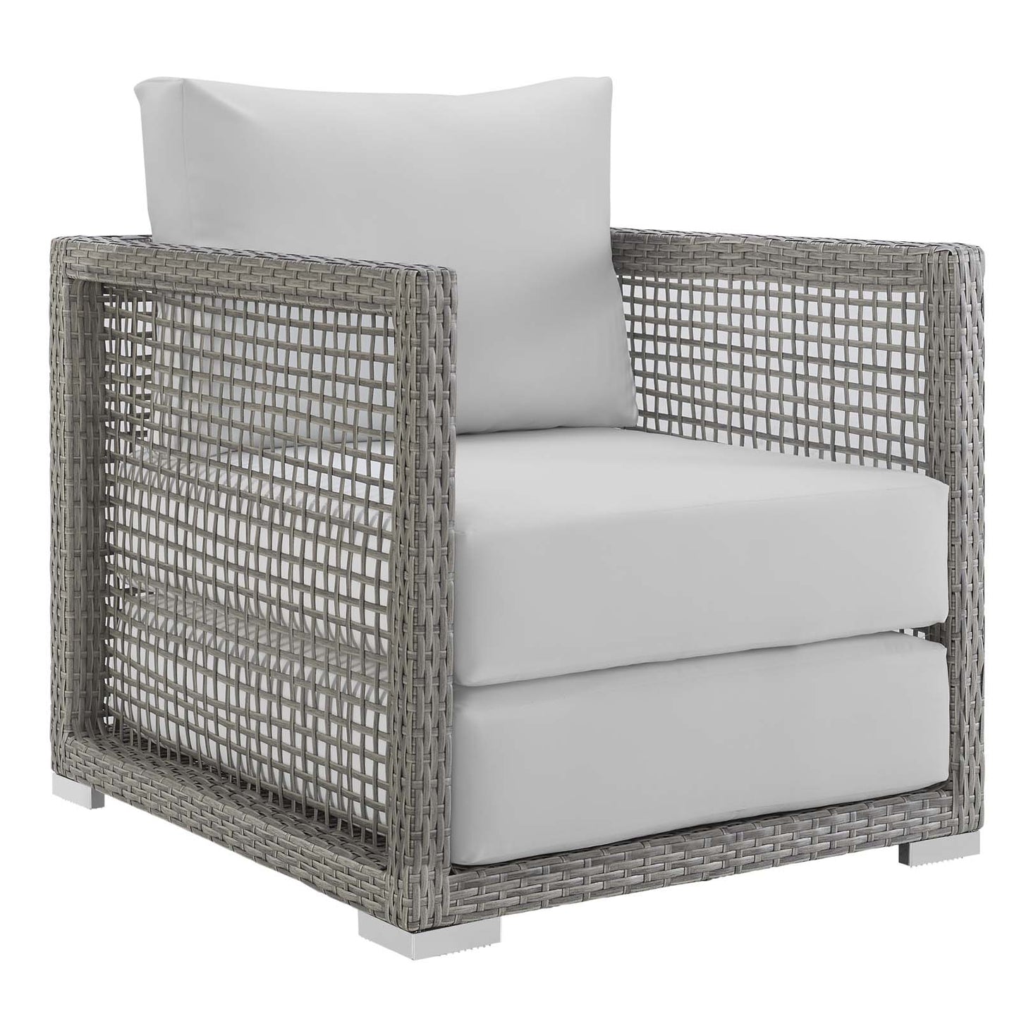 Modway Aura Outdoor Patio Wicker Rattan Armchair and Two Side Tables in Gray White