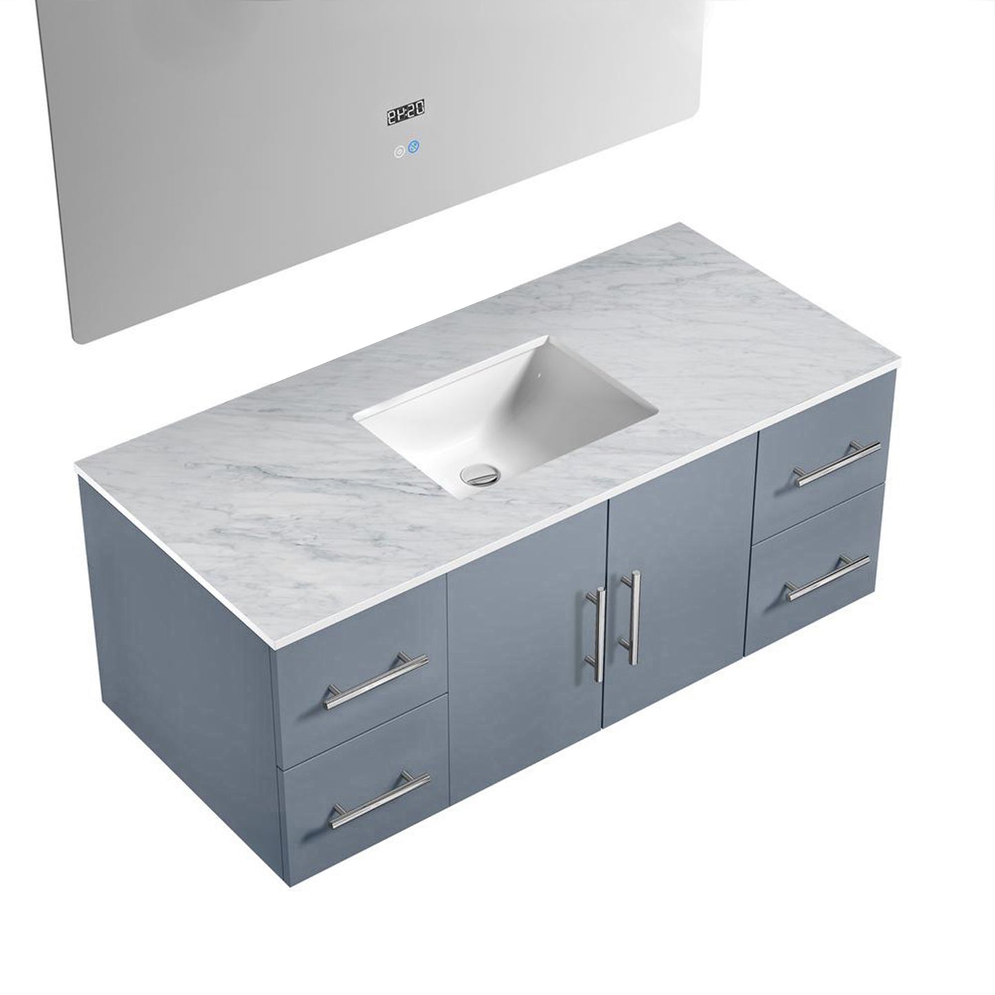 Geneva 48" Dark Grey Single Vanity, White Carrara Marble Top, White Square Sink and 48" LED Mirror