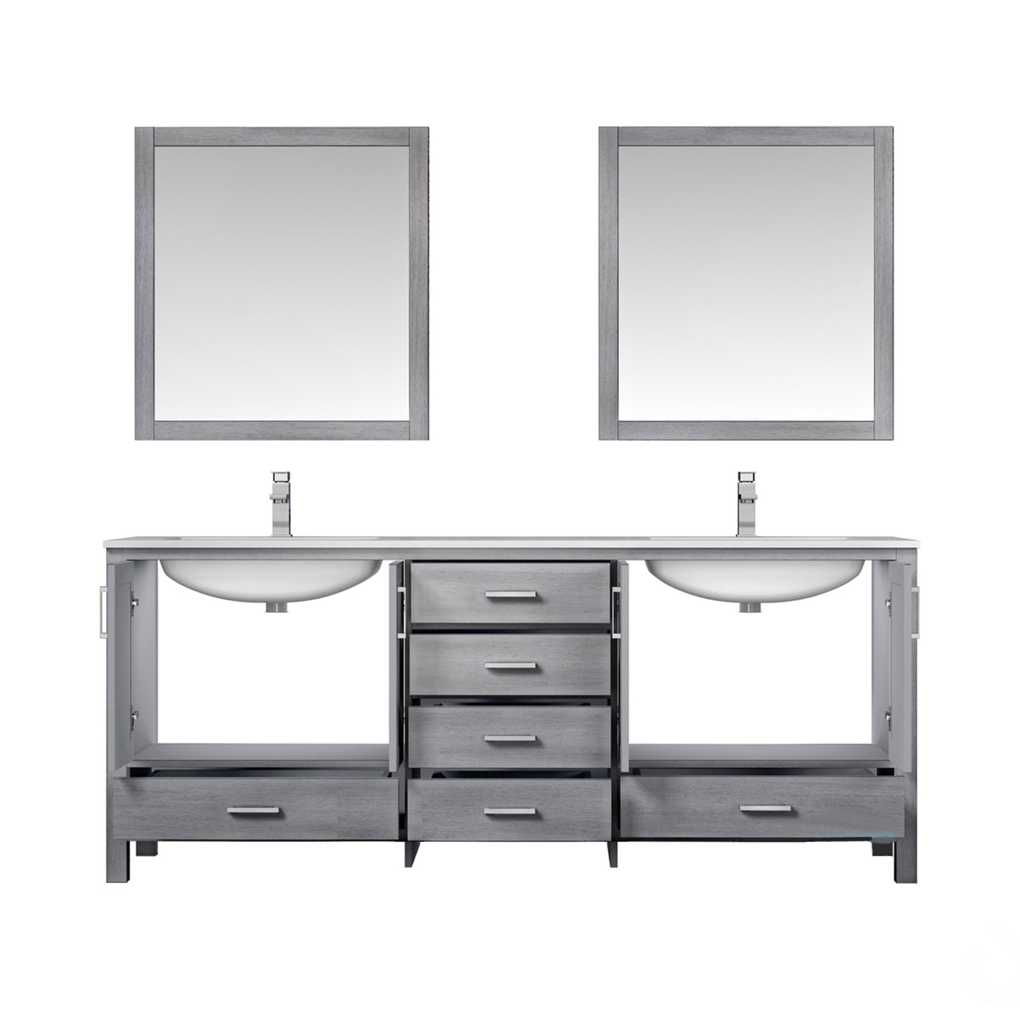 Jacques 80" Distressed Grey Double Vanity, White Carrara Marble Top, White Square Sinks and 30" Mirrors w/ Faucets