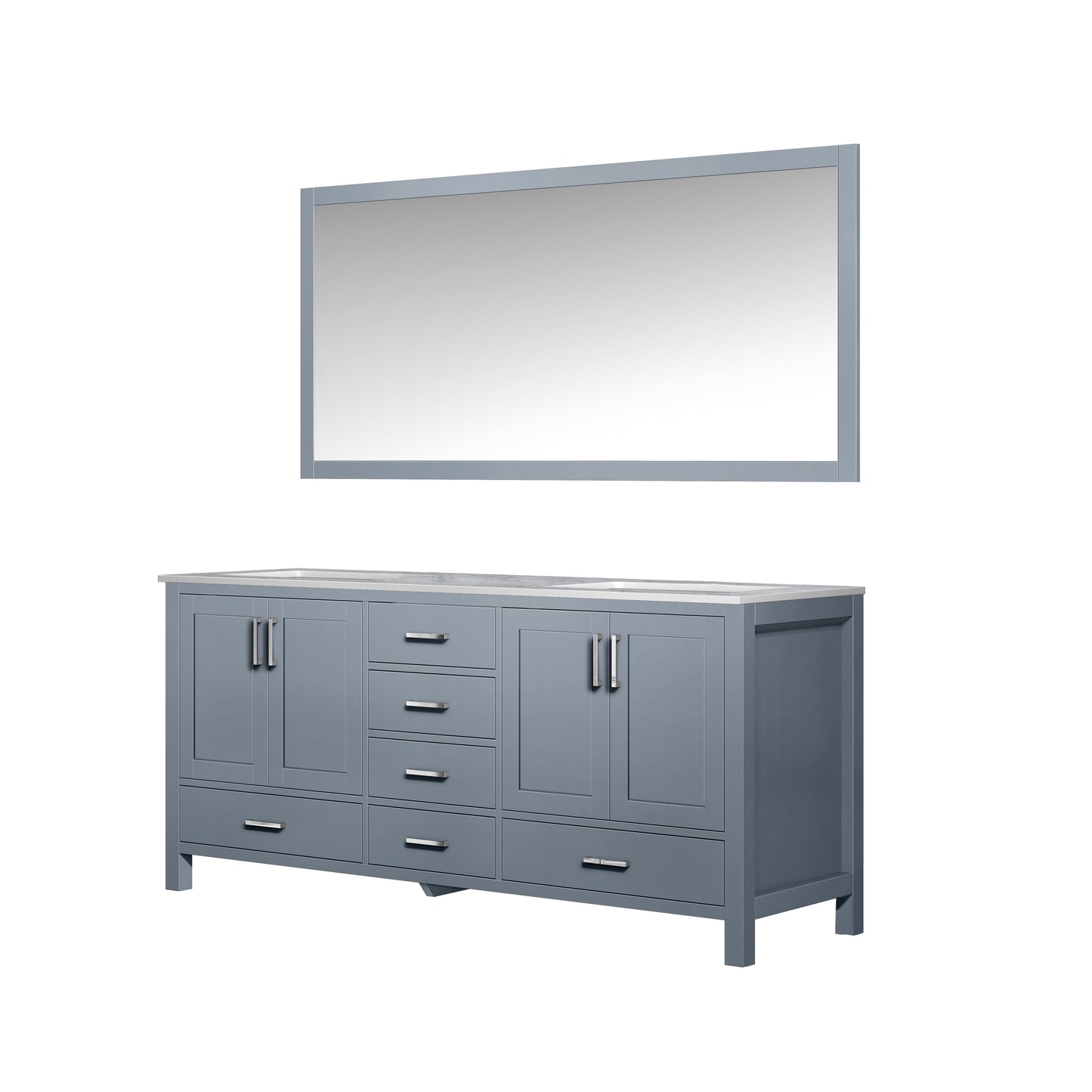 Jacques 72" Dark Grey Double Vanity, White Carrara Marble Top, White Square Sinks and 70" Mirror