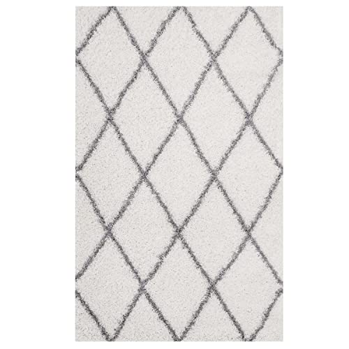 Modway Toryn Diamond Trellis 5x8 High Pile Shag Area Rug With Lattice Design In Ivory and Gray