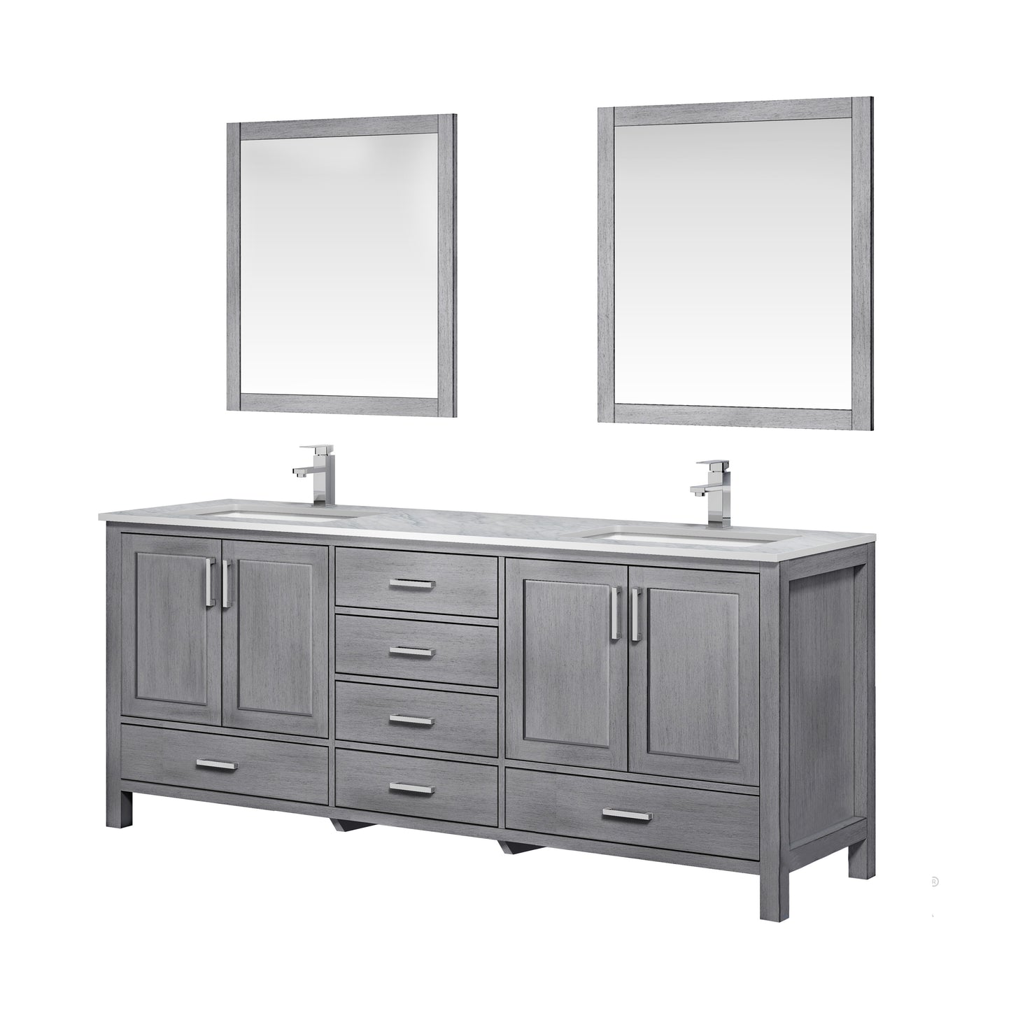 Jacques 80" Distressed Grey Double Vanity, White Carrara Marble Top, White Square Sinks and 30" Mirrors w/ Faucets