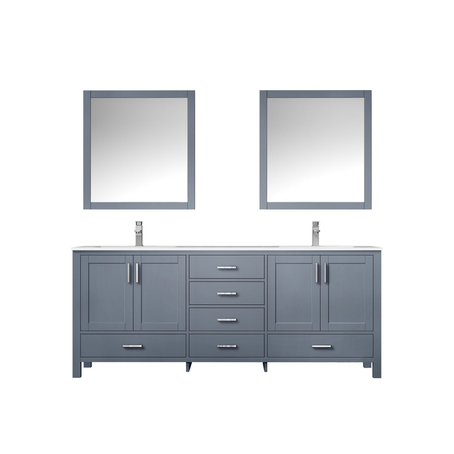 Jacques 80" Dark Grey Double Vanity, White Quartz Top, White Square Sinks and 30" Mirrors w/ Faucets