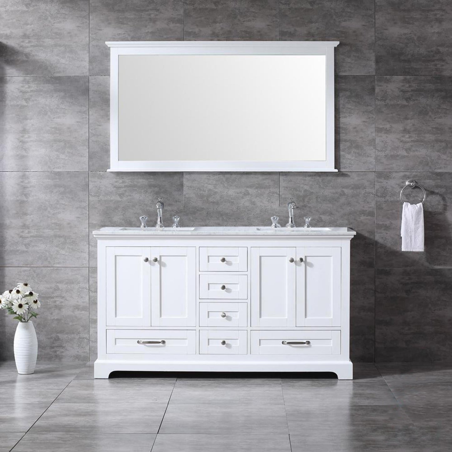 Dukes 60" White Double Vanity, White Carrara Marble Top, White Square Sinks and 58" Mirror w/ Faucets