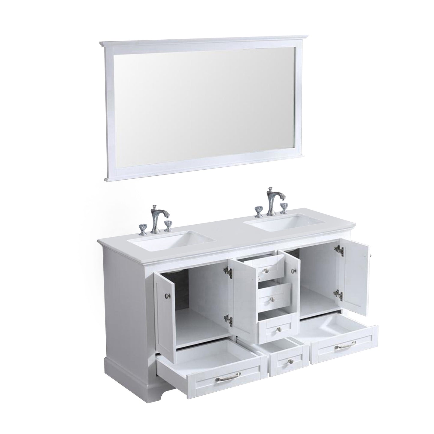 Dukes 60" White Double Vanity, White Quartz Top, White Square Sinks and 58" Mirror w/ Faucets