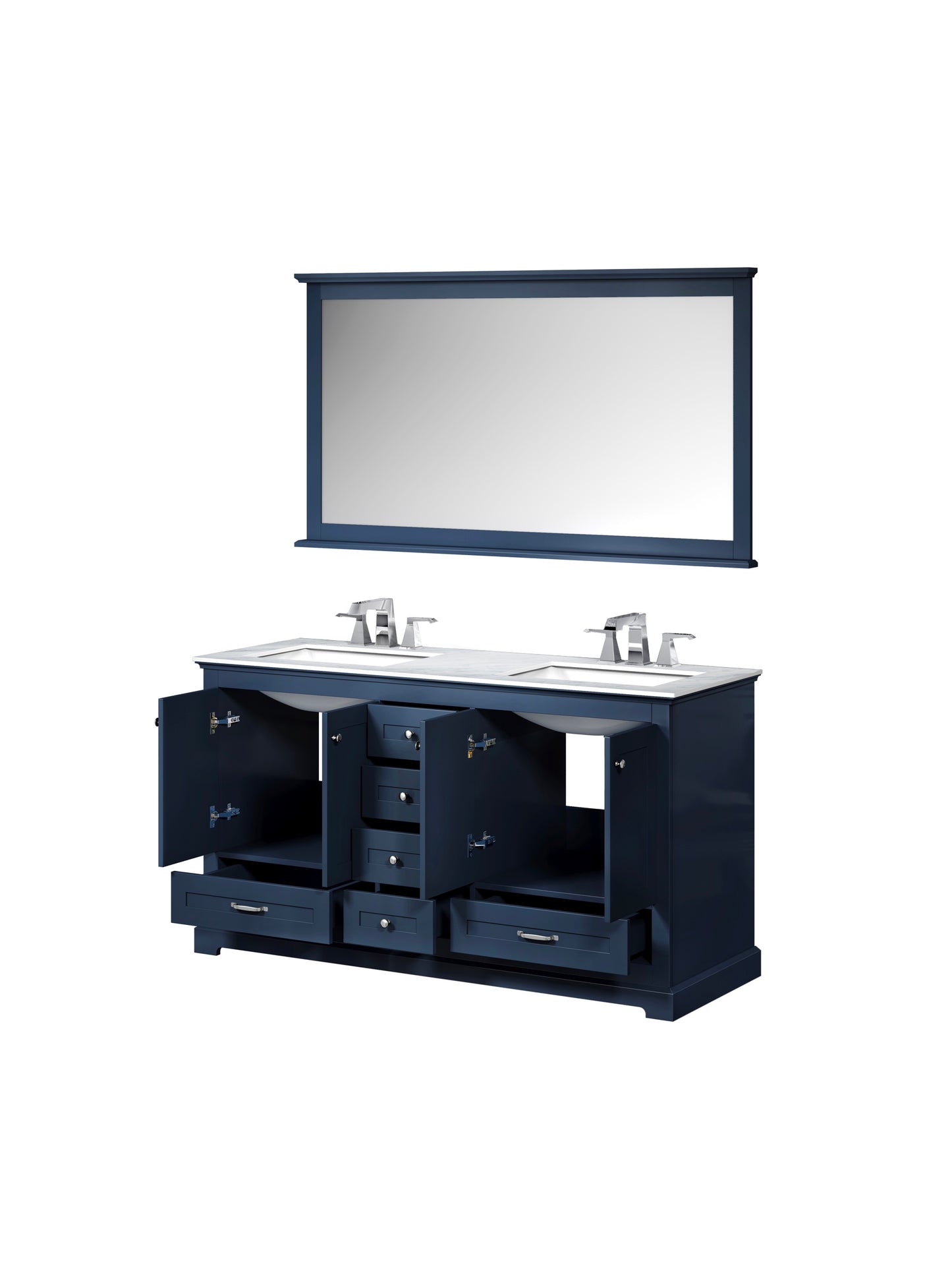 Dukes 60" Navy Blue Double Vanity, White Carrara Marble Top, White Square Sinks and 58" Mirror w/ Faucets