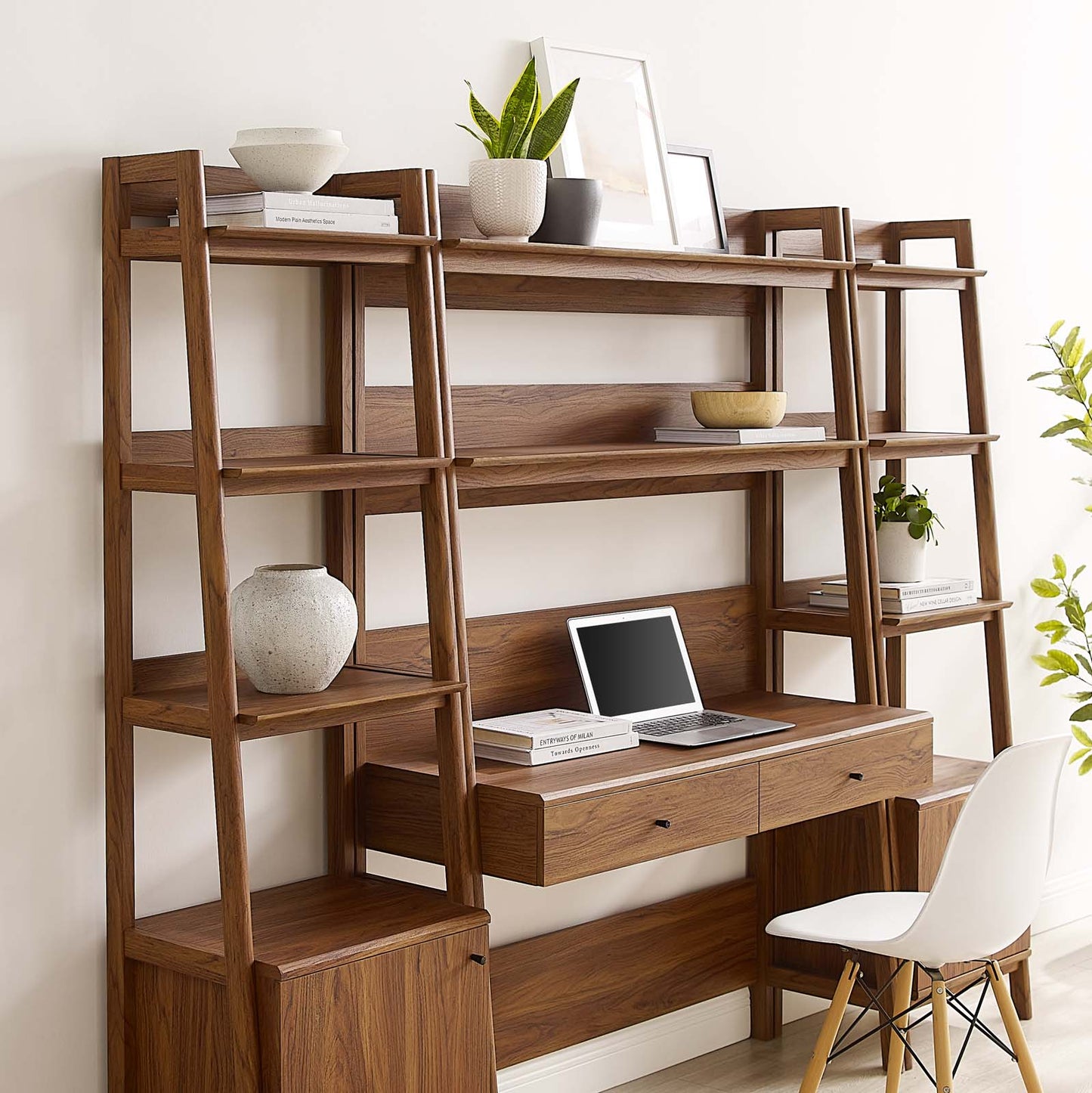 Modway 3-Piece Home Office Desk and Bookshelf Display Case in Walnut