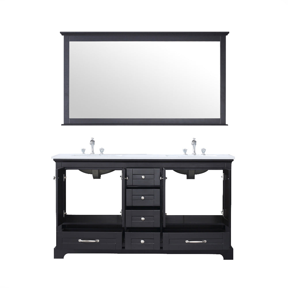 Dukes 60" Espresso Double Vanity, White Quartz Top, White Square Sinks and 58" Mirror