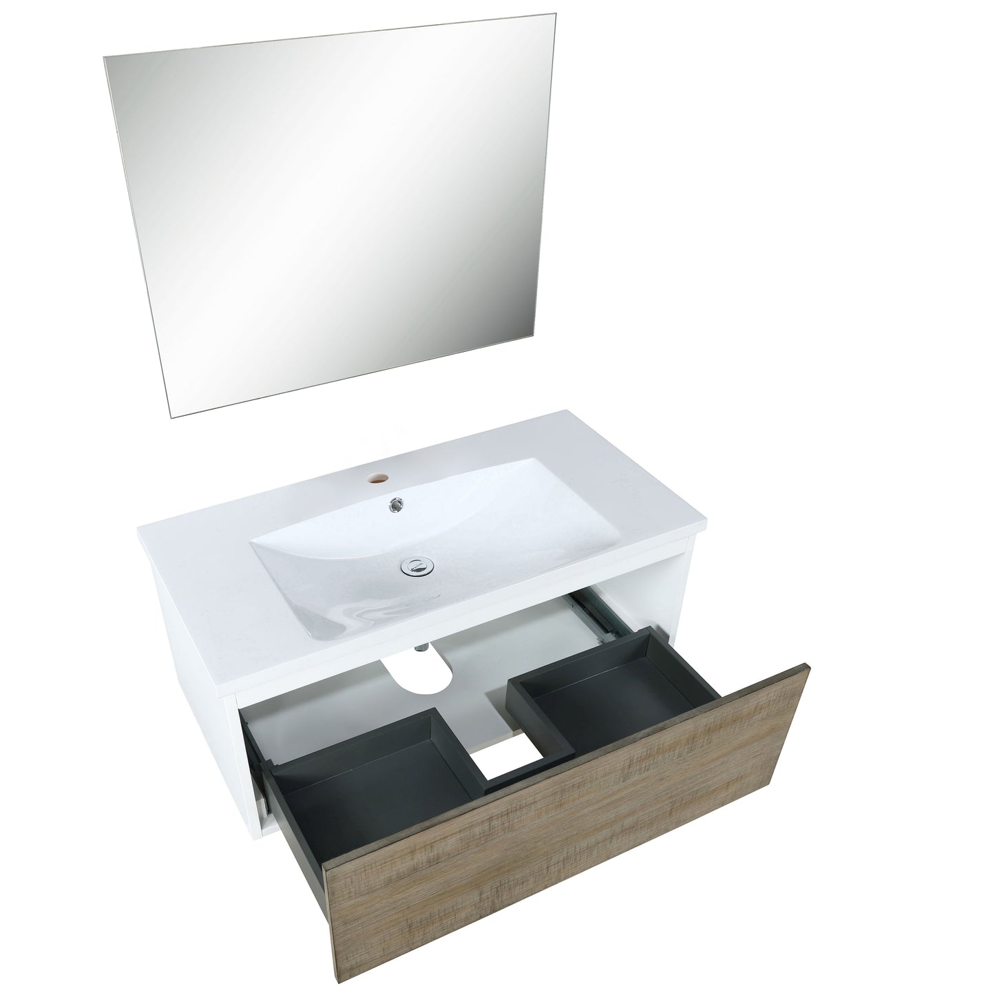 Scopi 36" Rustic Acacia Bathroom Vanity, Acrylic Composite Top with Integrated Sink, and 28" Frameless Mirror