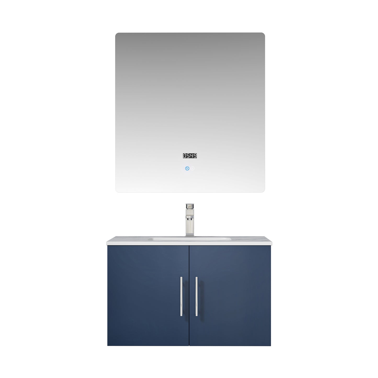 Geneva 30" Navy Blue Single Vanity, White Carrara Marble Top, White Square Sink and 30" LED Mirror w/ Faucet