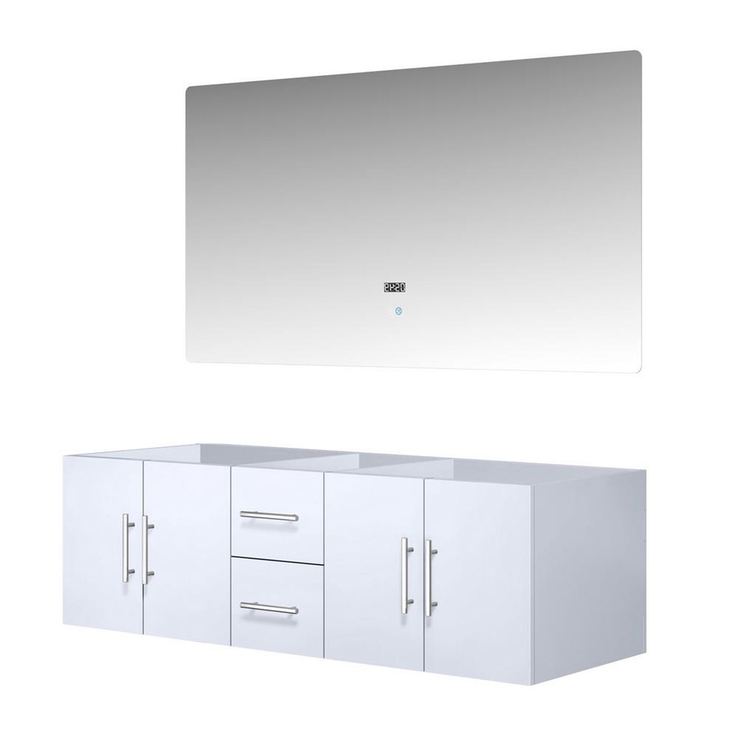 Geneva 60" Glossy White Double Vanity, no Top and 60" LED Mirror