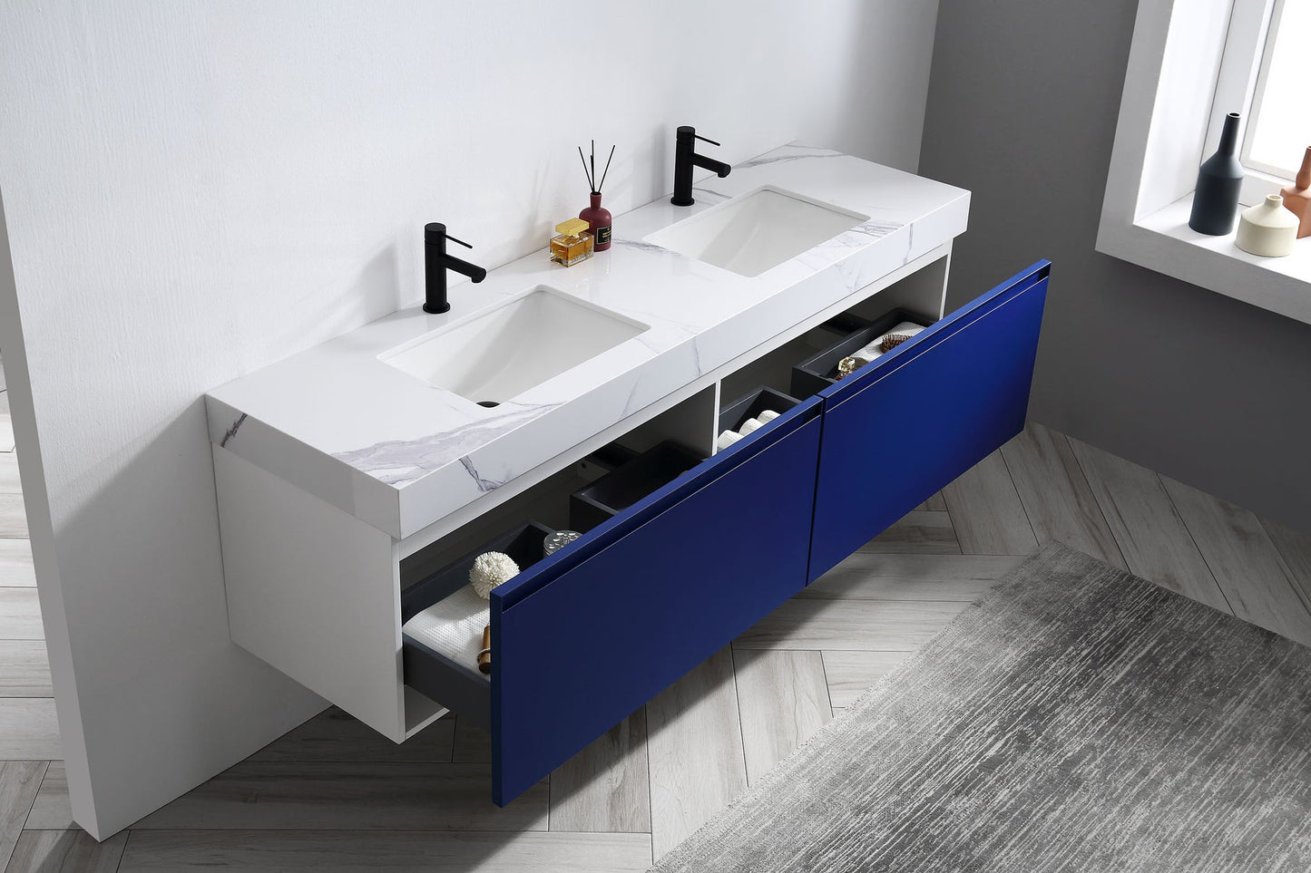 MANAROLA 72” NAVY BLUE WITH THICK QUARTZ WALL MOUNT MODERN BATHROOM VANITY