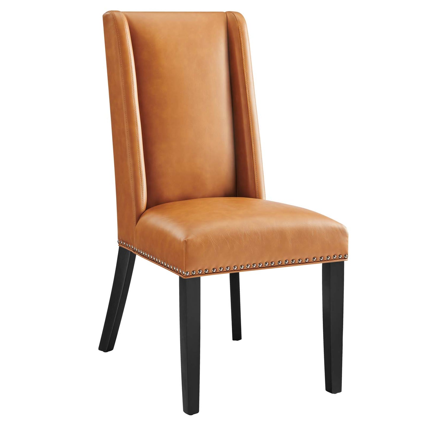 Modway Baron Modern Tall Back Wood Vegan Leather Upholstered Two Dining Chairs in Tan