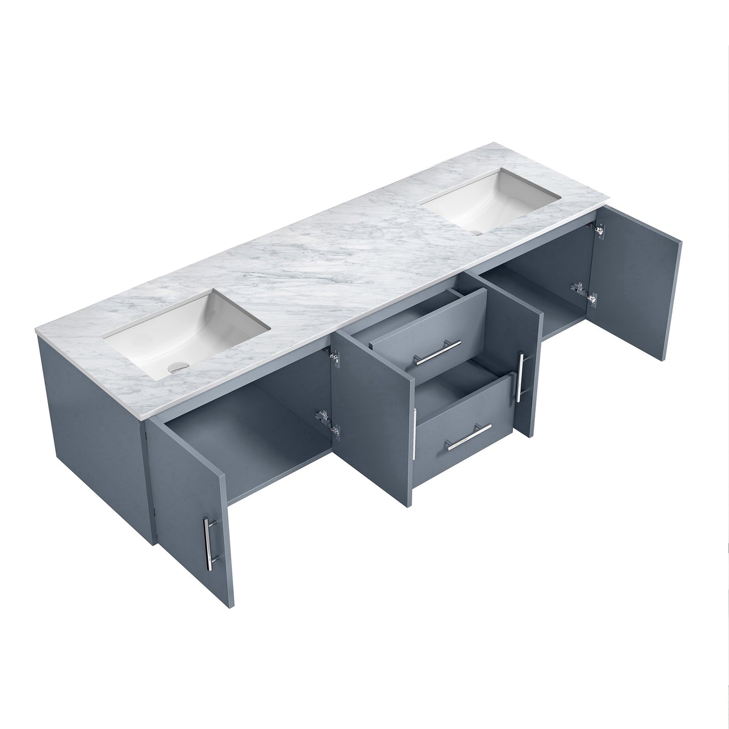 Geneva 72" Dark Grey Double Vanity, White Carrara Marble Top, White Square Sinks and no Mirror