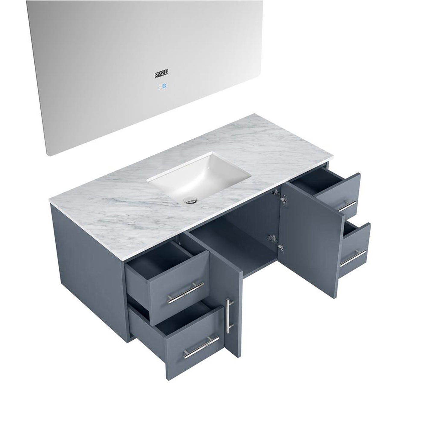 Geneva 48" Dark Grey Single Vanity, White Carrara Marble Top, White Square Sink and 48" LED Mirror