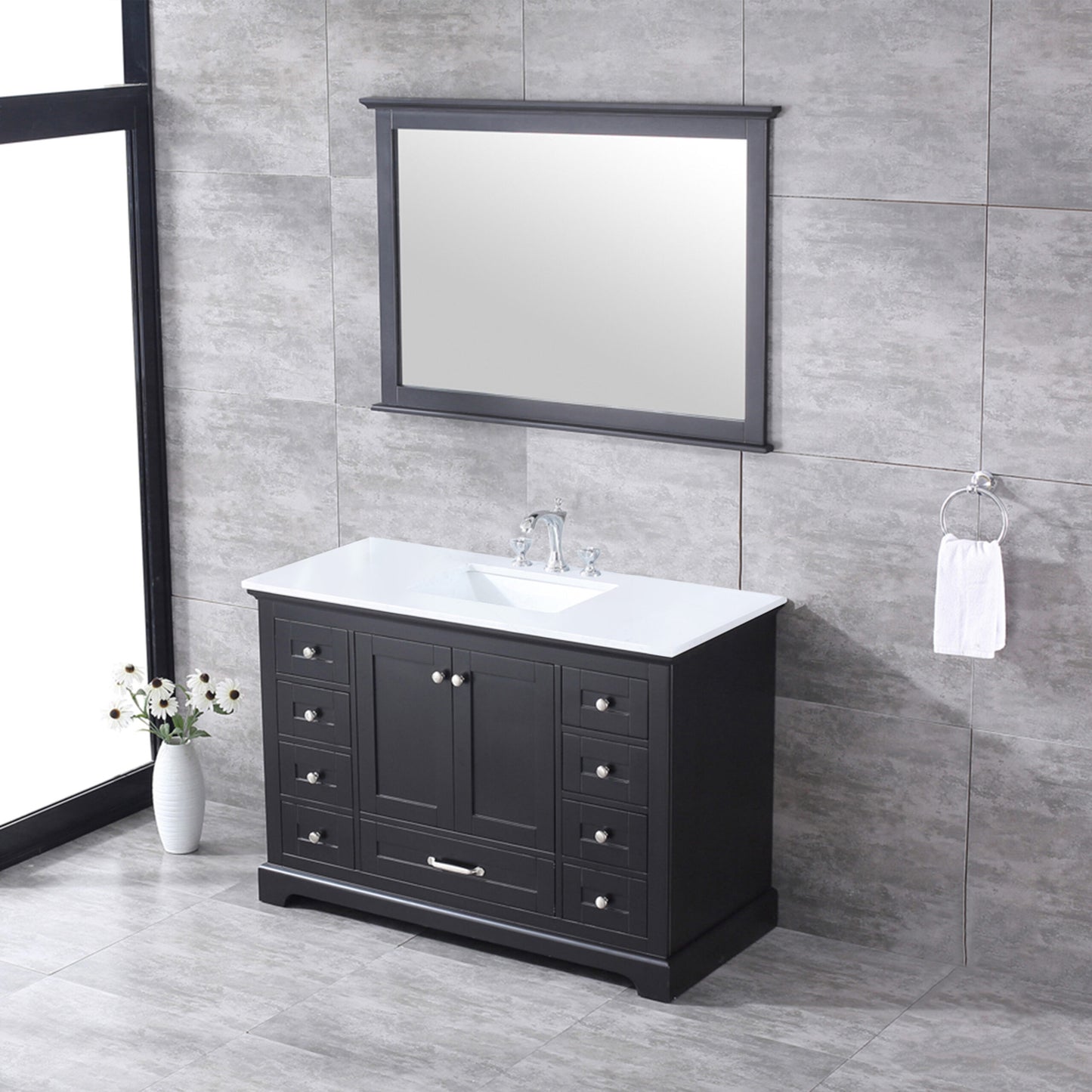 Dukes 48" Espresso Single Vanity, White Quartz Top, White Square Sink and 46" Mirror w/ Faucet