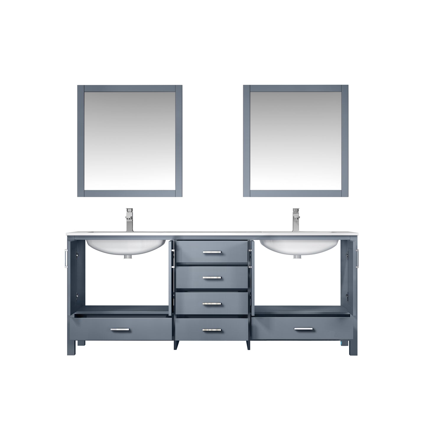 Jacques 80" Dark Grey Double Vanity, White Quartz Top, White Square Sinks and 30" Mirrors w/ Faucets