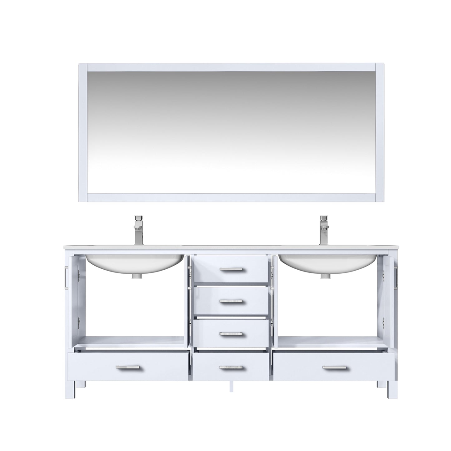 Jacques 72" White Double Vanity, White Carrara Marble Top, White Square Sinks and 70" Mirror w/ Faucets