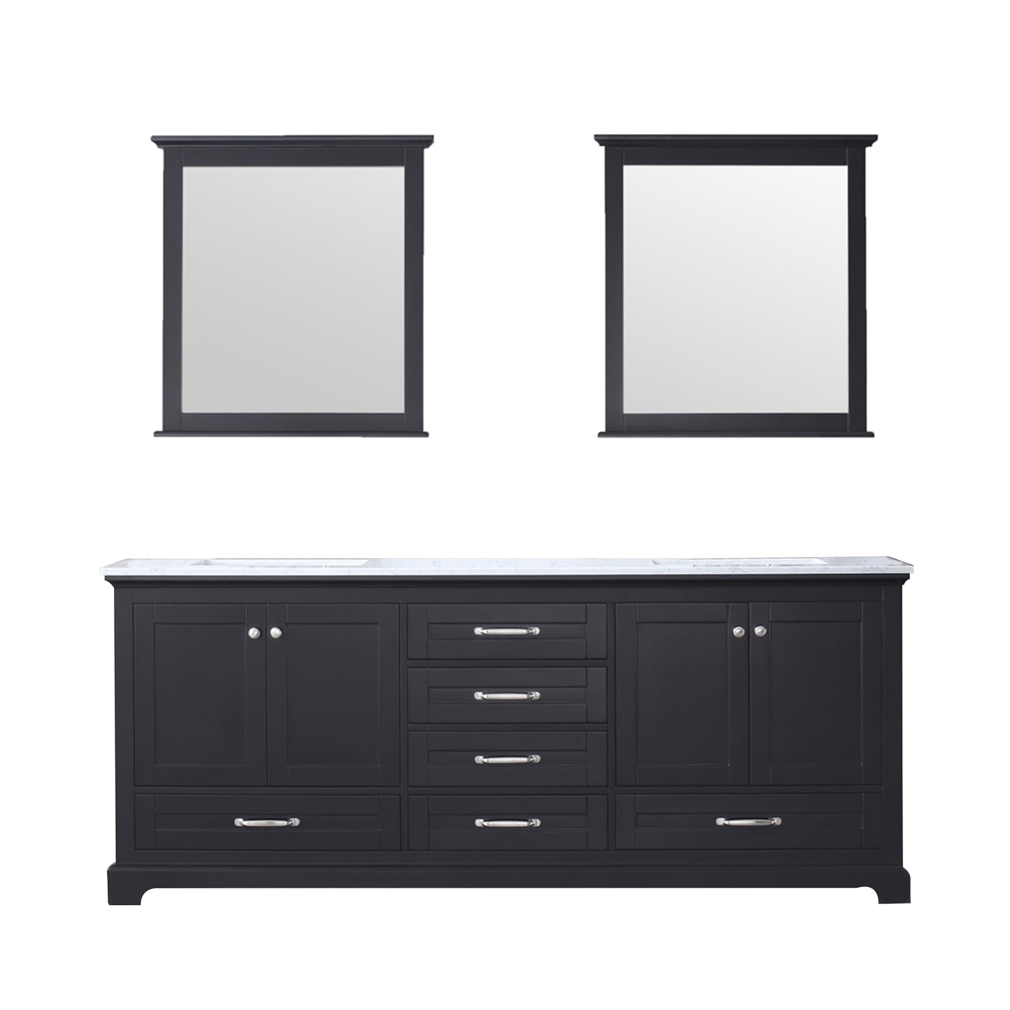 Dukes 80" Espresso Double Vanity, White Carrara Marble Top, White Square Sinks and 30" Mirrors