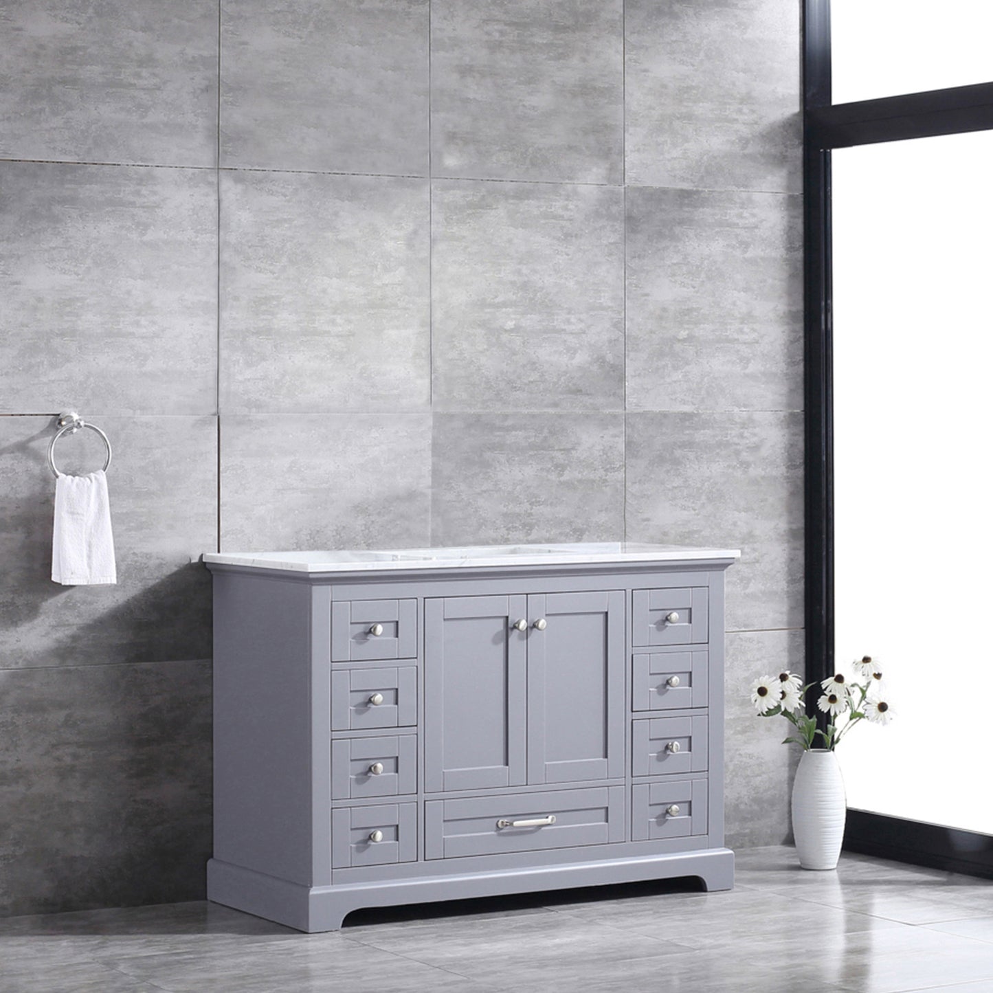 Dukes 48" Dark Grey Single Vanity, White Carrara Marble Top, White Square Sink and no Mirror