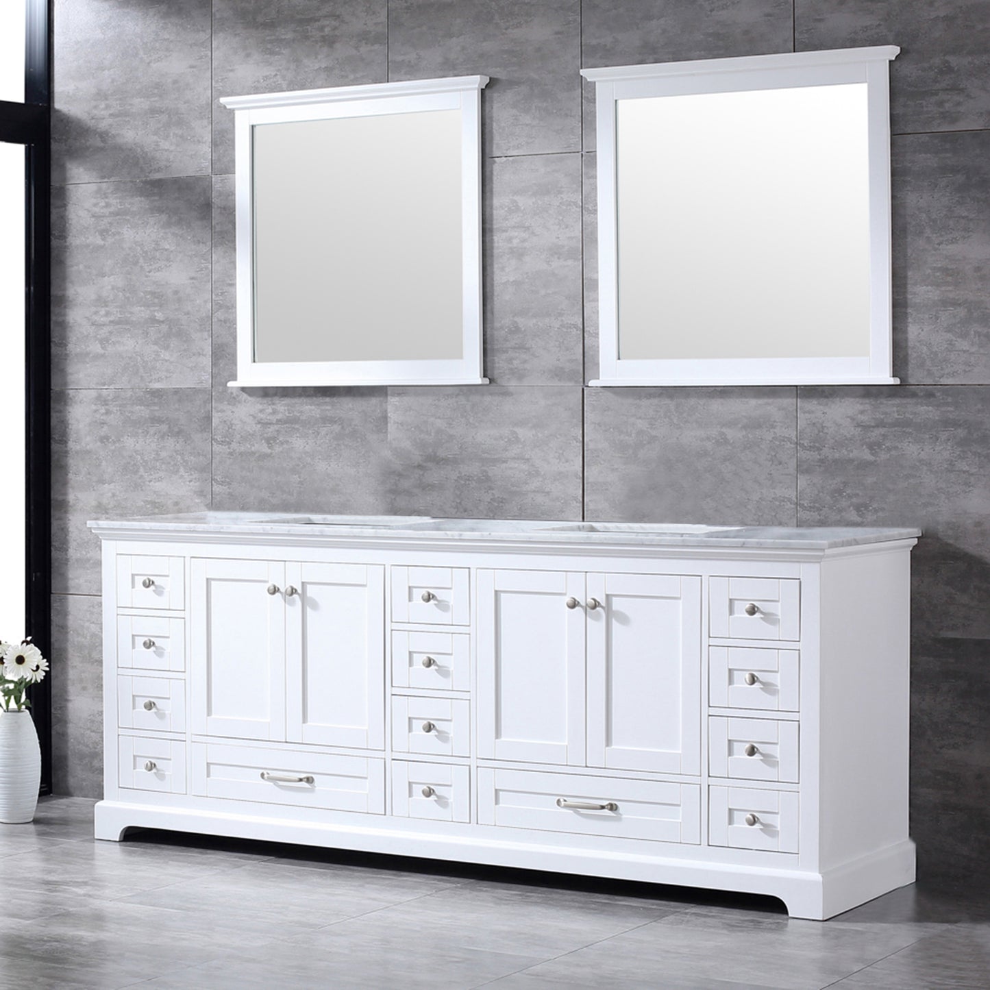 Dukes 84" White Double Vanity, White Carrara Marble Top, White Square Sinks and 34" Mirrors