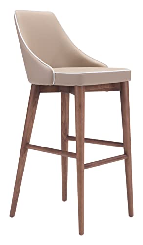 Zuo Modern 100281 Moor Bar Chair, Beige with White Trim, Slim Wing Back Style Back and Plush Seat, Contrasting Accent Trim Detail, Sturdy All Wood Base in Warm Walnut Finish