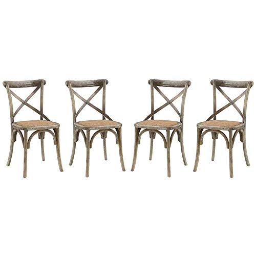 Modern Farmhouse Cross Back Solid Elm Wood Dining Side Chair with Rattan Seat