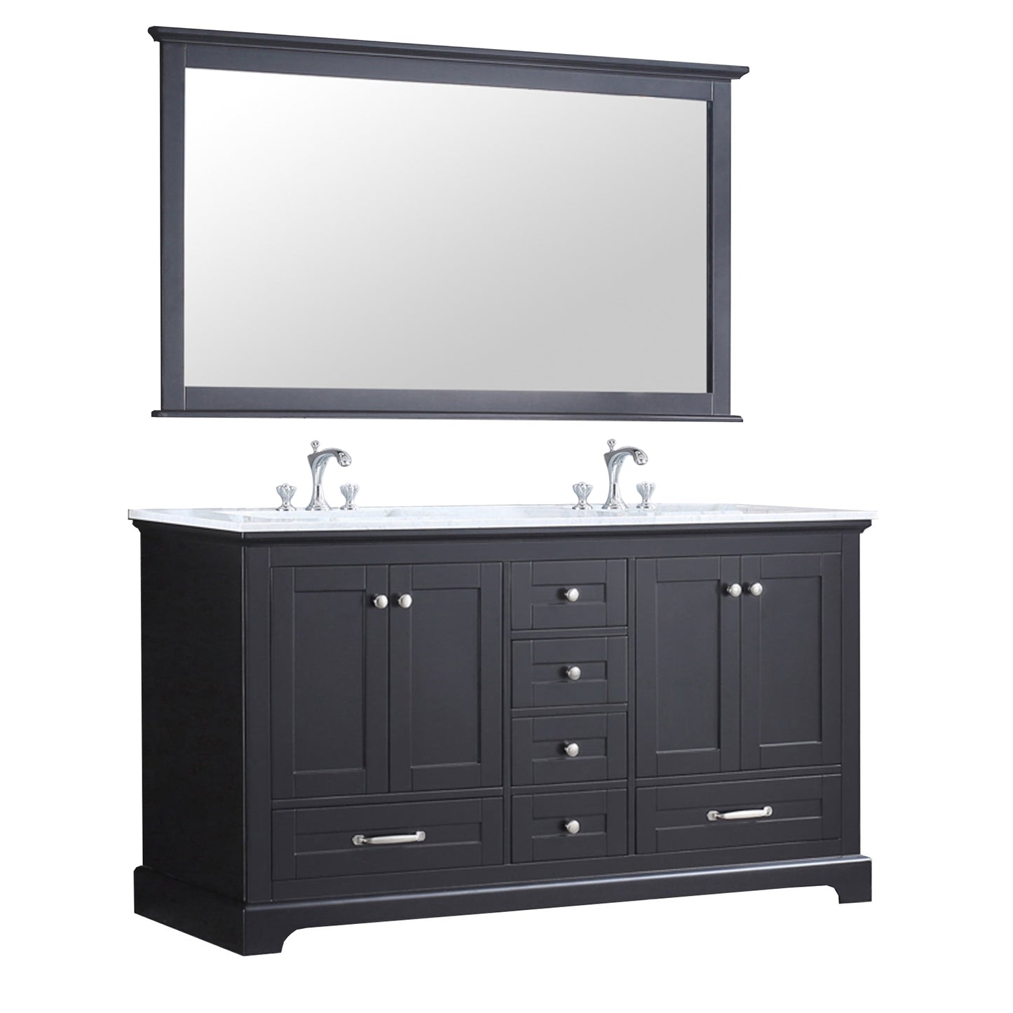 Dukes 60" Espresso Double Vanity, White Carrara Marble Top, White Square Sinks and 58" Mirror w/ Faucets