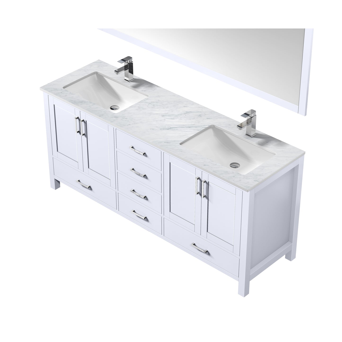 Jacques 72" White Double Vanity, White Carrara Marble Top, White Square Sinks and 70" Mirror w/ Faucets