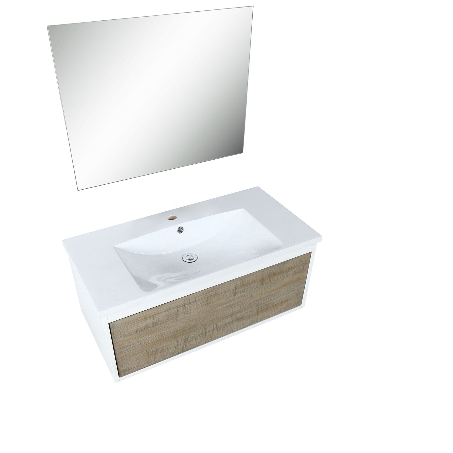 Scopi 36" Rustic Acacia Bathroom Vanity, Acrylic Composite Top with Integrated Sink, and 28" Frameless Mirror