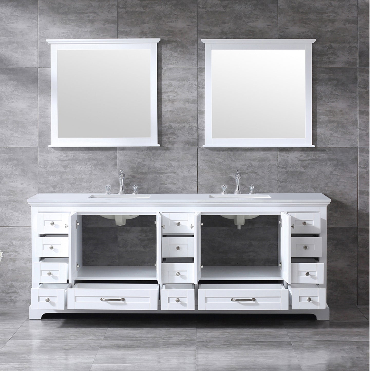 Dukes 84" White Double Vanity, White Quartz Top, White Square Sinks and 34" Mirrors