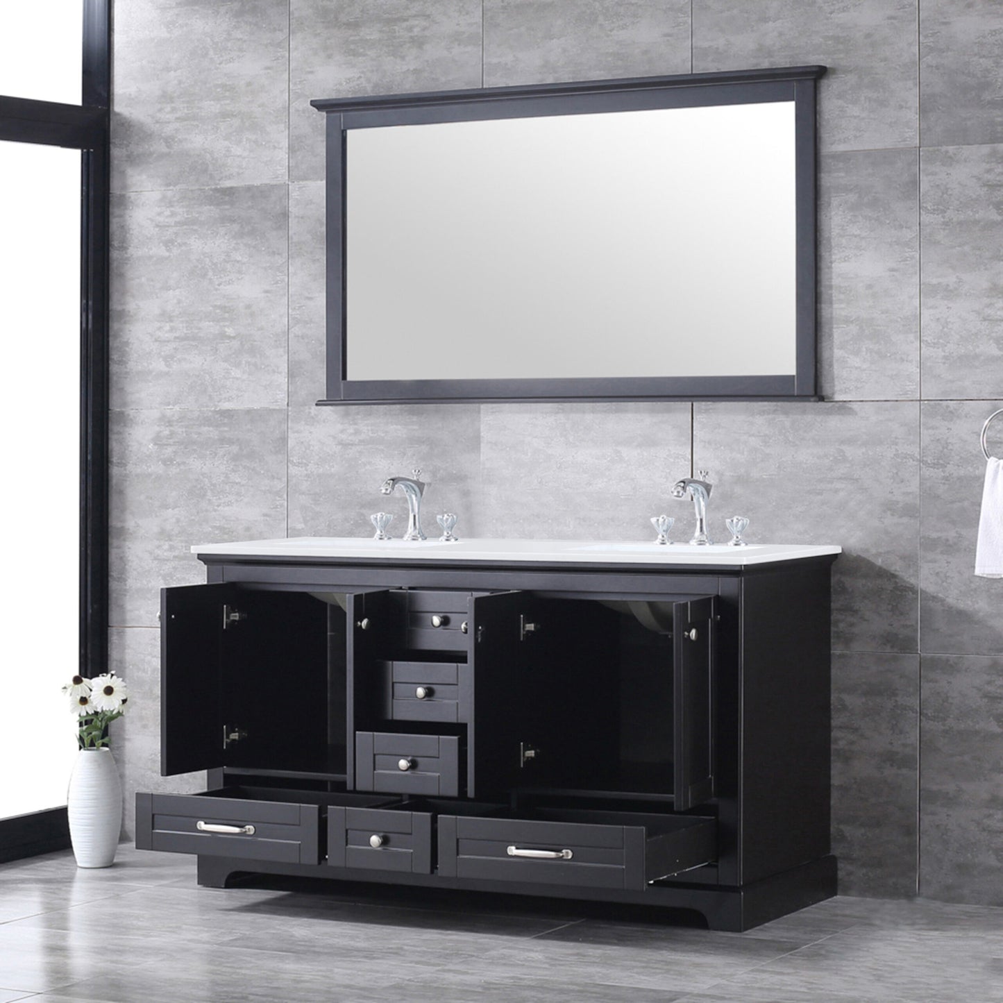 Dukes 60" Espresso Double Vanity, White Quartz Top, White Square Sinks and 58" Mirror w/ Faucets