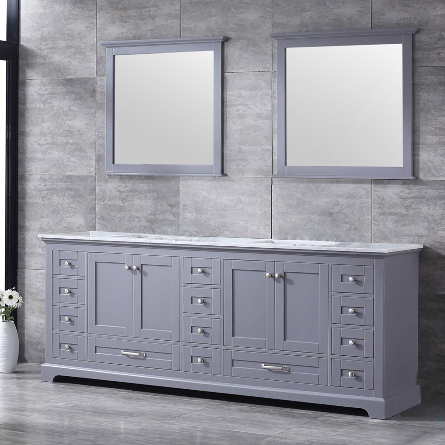 Dukes 84" Dark Grey Double Vanity, White Carrara Marble Top, White Square Sinks and 34" Mirrors