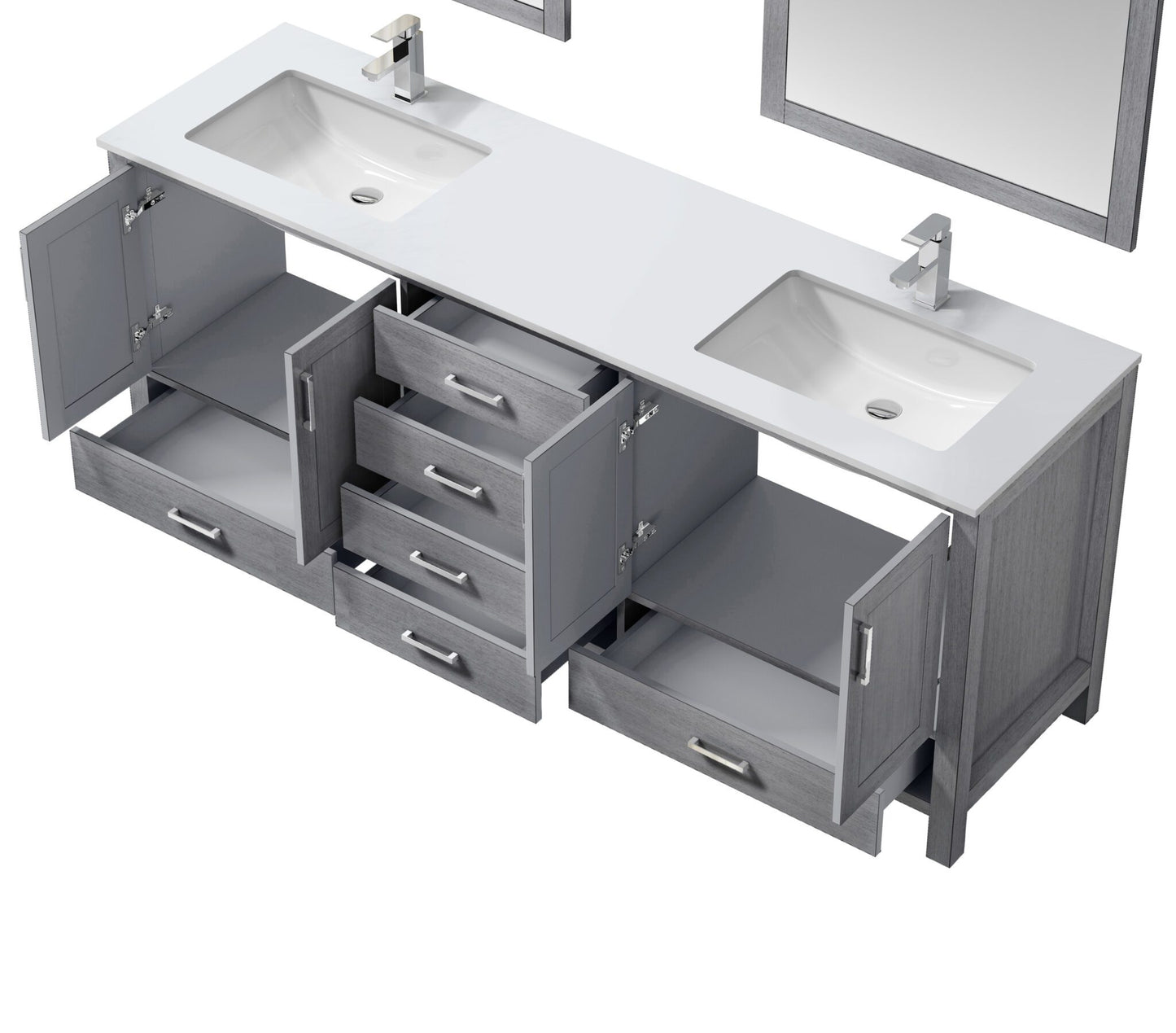 Jacques 80" Distressed Grey Double Vanity, White Quartz Top, White Square Sinks and no Mirror