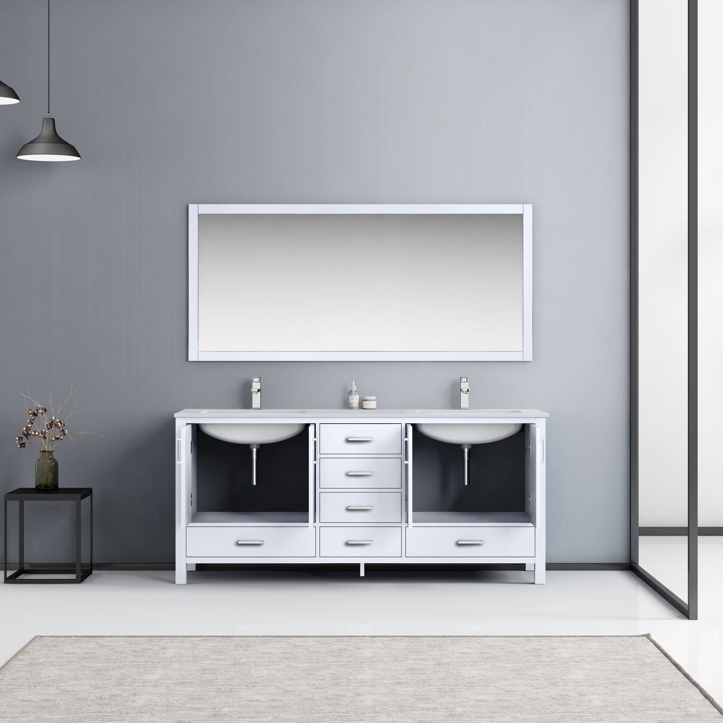 Jacques 72" White Double Vanity, White Quartz Top, White Square Sinks and 70" Mirror w/ Faucets