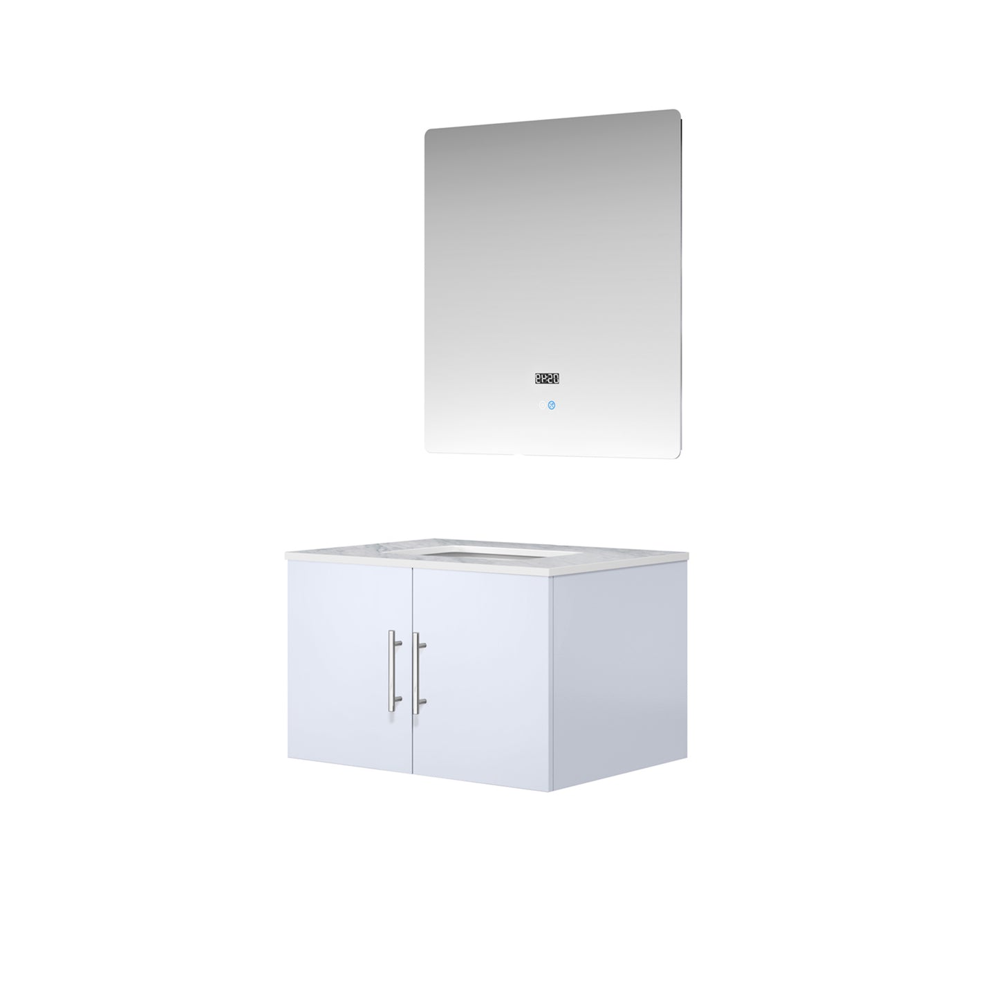 Geneva 30" Glossy White Single Vanity, White Carrara Marble Top, White Square Sink and 30" LED Mirror