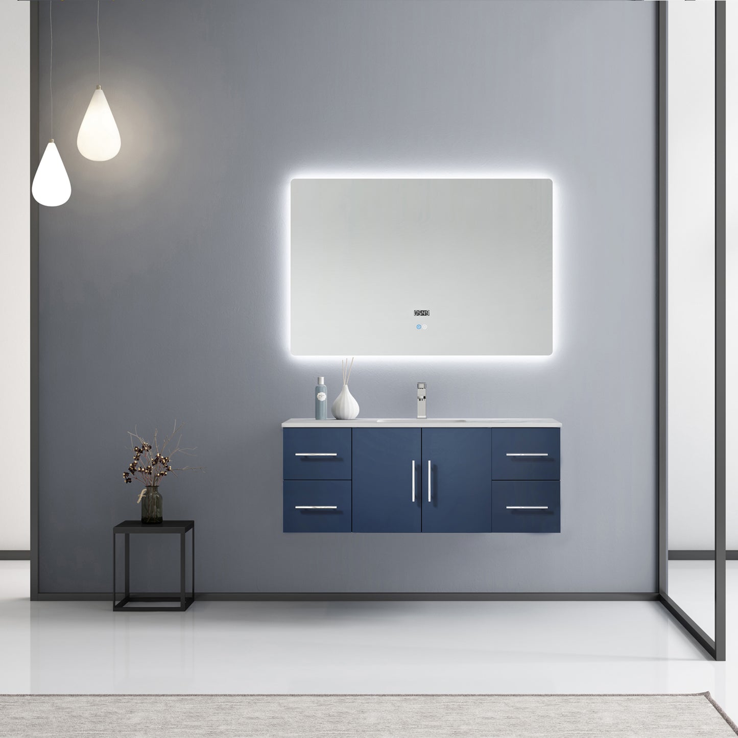 Geneva 48" Navy Blue Single Vanity, White Carrara Marble Top, White Square Sink and 48" LED Mirror w/ Faucet