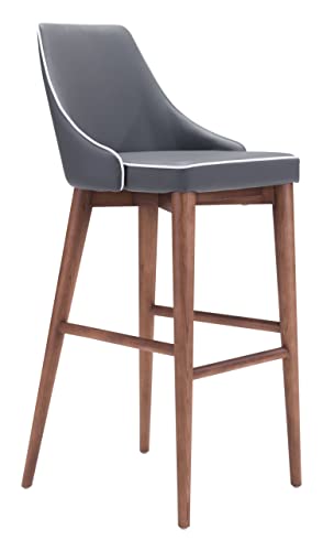 Zuo Modern 100282 Moor Bar Chair, Dark Gray with White Trim, Slim Wing Back Style Back and Plush Seat, Contrasting Accent Trim Detail, Sturdy all Wood Base in Warm Walnut Finish