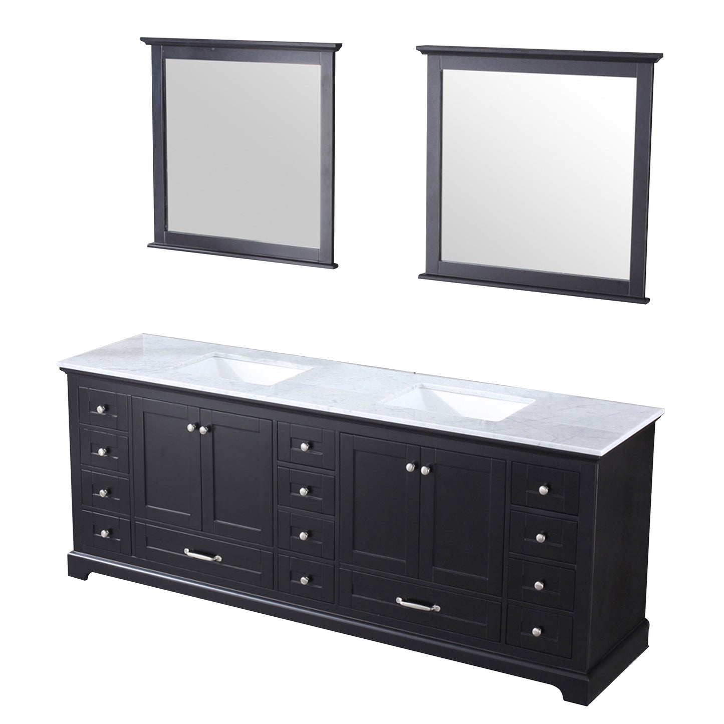 Dukes 84" Espresso Double Vanity, White Carrara Marble Top, White Square Sinks and 34" Mirrors